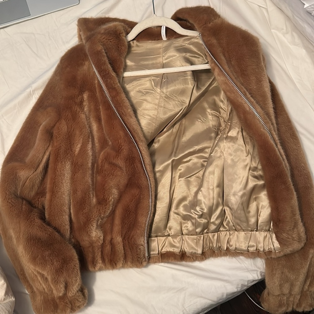 Helmut Lang Tan Faux Mink Hoodie Jacket